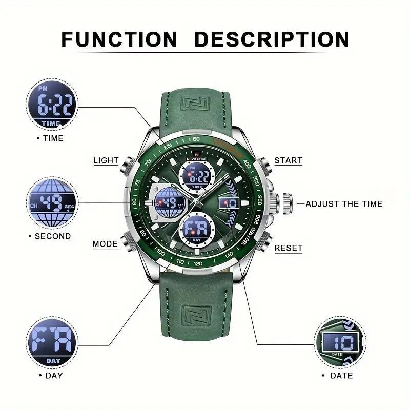 AVIFORCE Herren Luxus Sport Quarzuhr - Wasserdicht, Echtes Lederarmband, Doppeldisplay mit Datum &